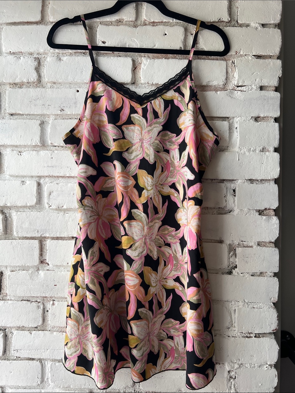 Floral Satin tank top Slip Dress - Pink & Black Lily floral dress contrast lace